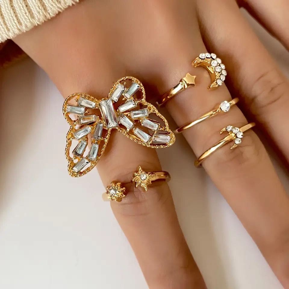 Set Of 5 Alloy Butterfly Star Moon Set Open Rings, Crystal Star Moon Butterfly Knuckle Finger Ring Set, Cartoon Moon Finger Rings Star Heart Jewellery Set Of 5 Alloy Butterfly Star Moon Set Open Rings, Crystal Star Moon Butterfly Knuckle Finger Ring Set, Cartoon Moon Finger Rings Star Heart Jewellery